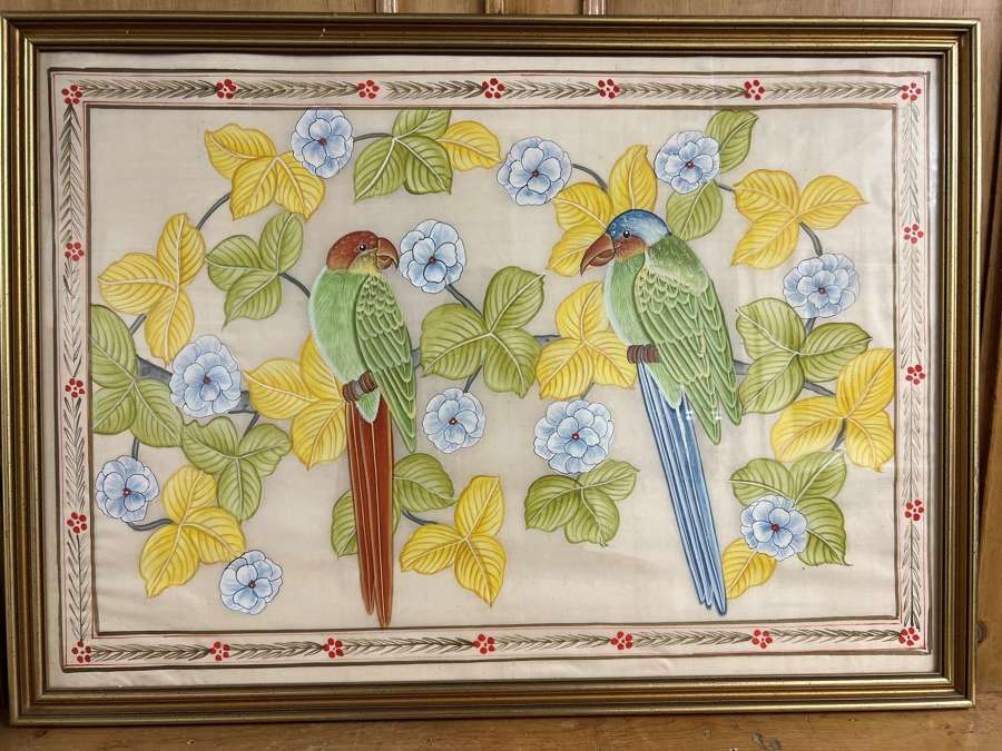 Painting of Parrots on silk in simple frame